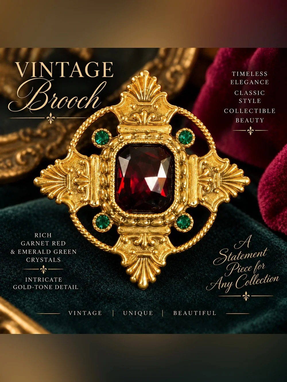 Vintage Gold-Tone Brooch with Deep Red and Emerald Green Stones